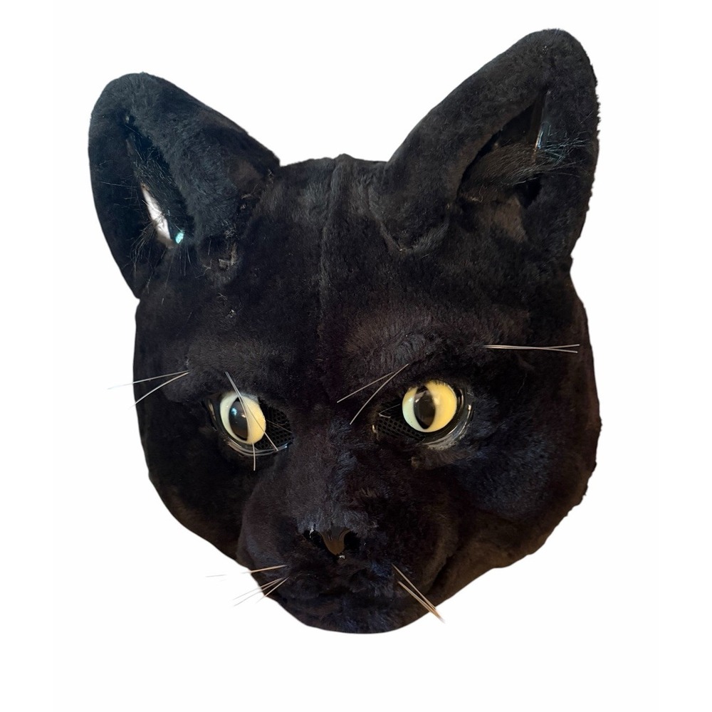 Black Cat Head Mask Faux Fur Plastic Adjustable Adult Cosplay Costume Large